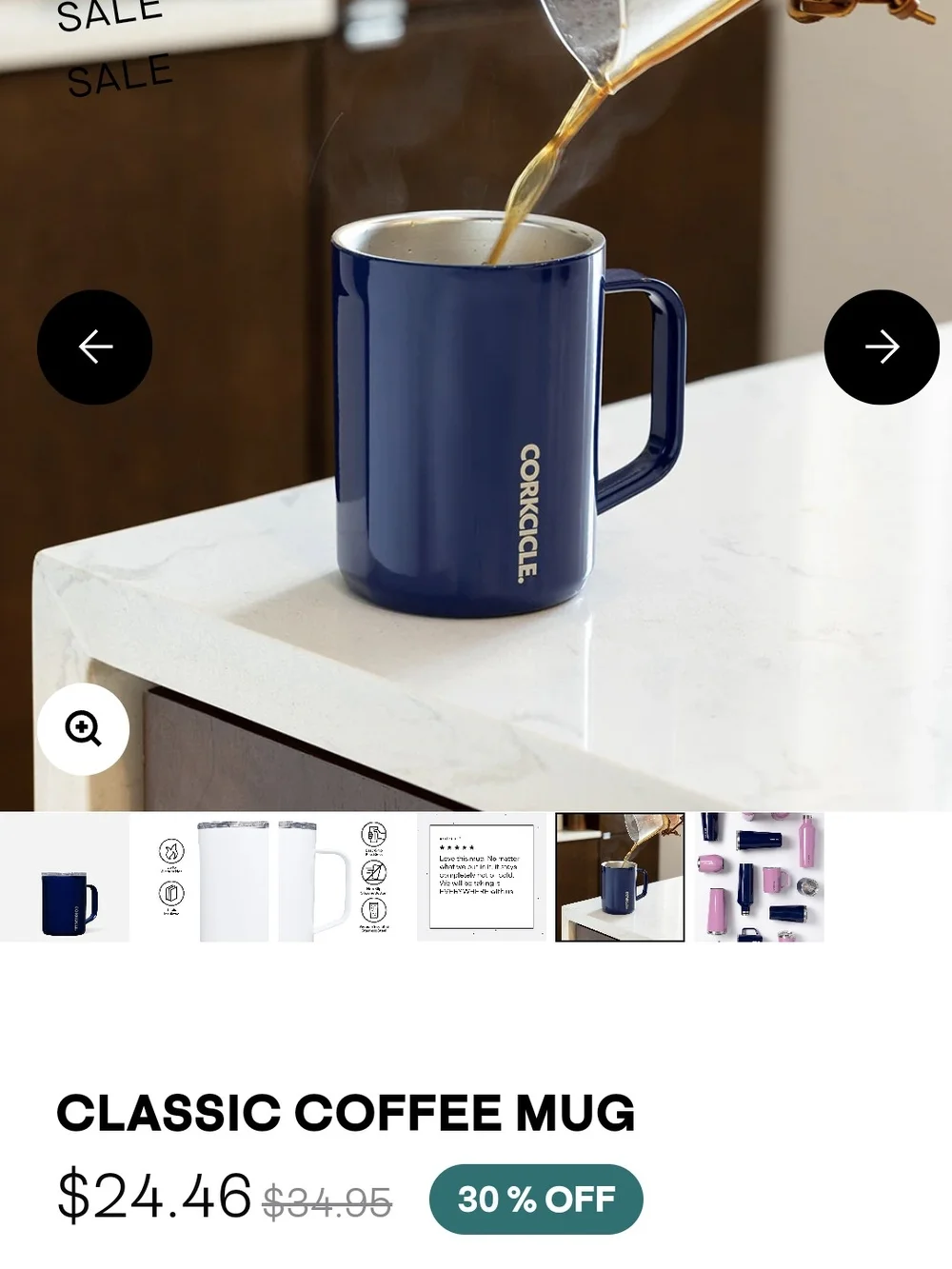 Corkcicle Insulated Travel Mug with Handle and Clear Lid, 16oz, Navy